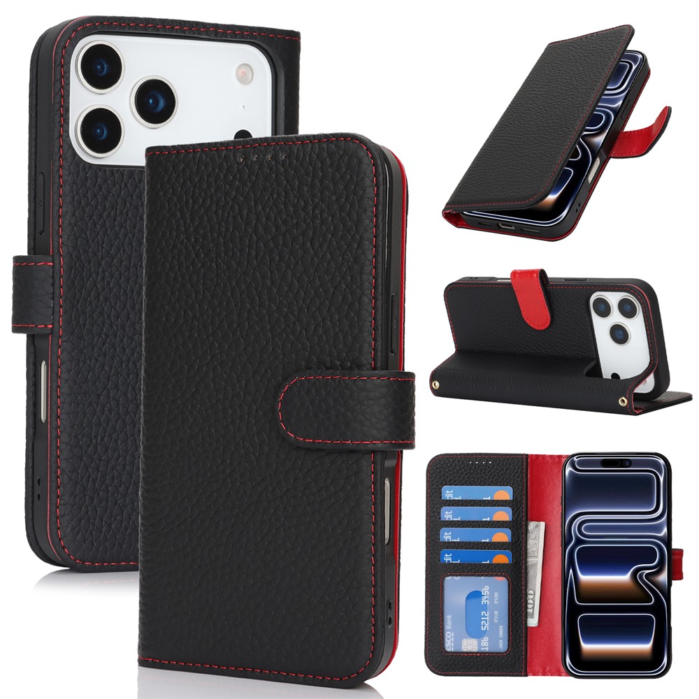 For iPhone 17 Pro Max Stand Case Litchi Texture Genuine Cow Leather Wallet Phone Cover RFID Blocking - Black  /  Red