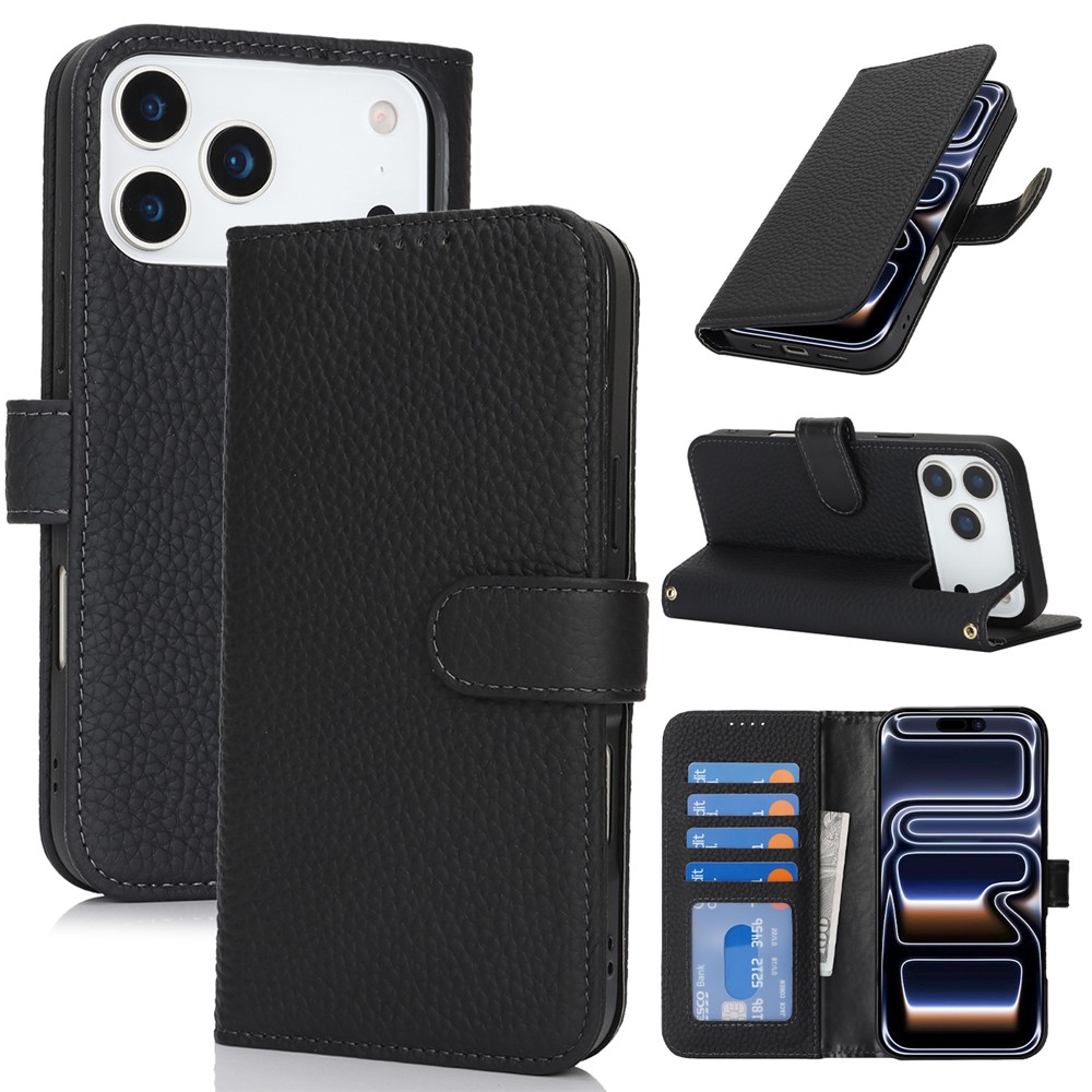 For iPhone 17 Pro Max Stand Case Litchi Texture Genuine Cow Leather Wallet Phone Cover RFID Blocking - Black