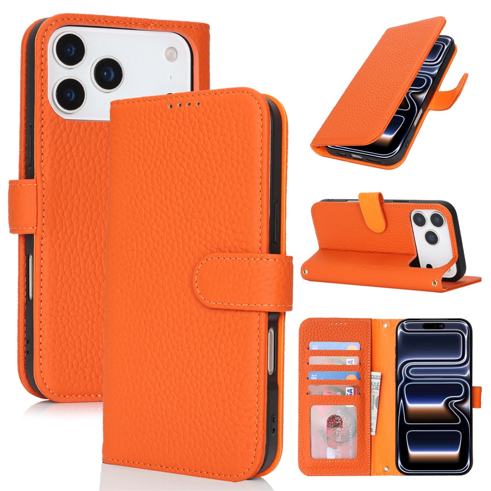 For iPhone 17 Pro Max Stand Case Litchi Texture Genuine Cow Leather Wallet Phone Cover RFID Blocking - Orange