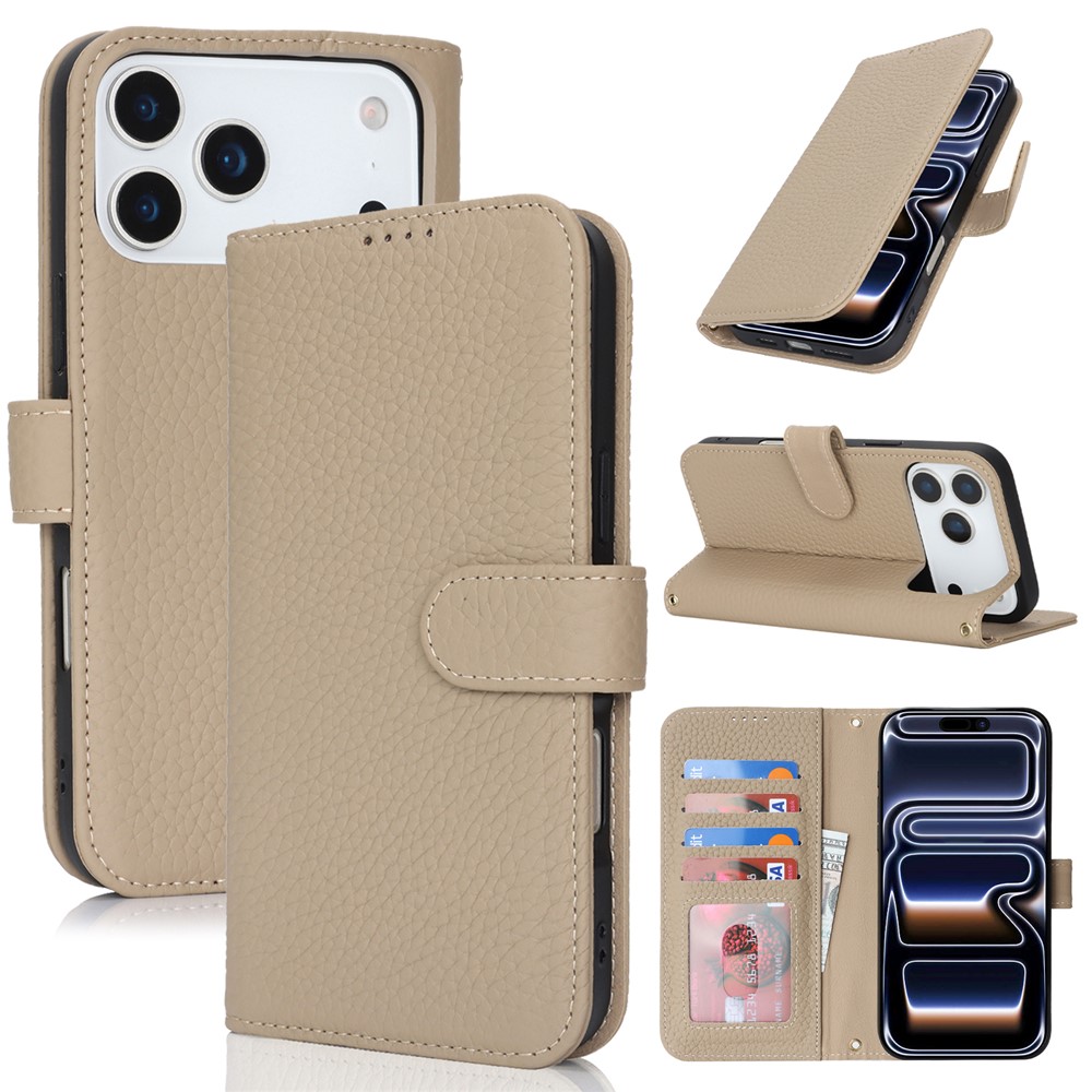 For iPhone 17 Pro Max Stand Case Litchi Texture Genuine Cow Leather Wallet Phone Cover RFID Blocking - Grey