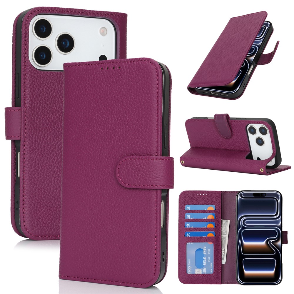For iPhone 17 Pro Max Stand Case Litchi Texture Genuine Cow Leather Wallet Phone Cover RFID Blocking - Violet