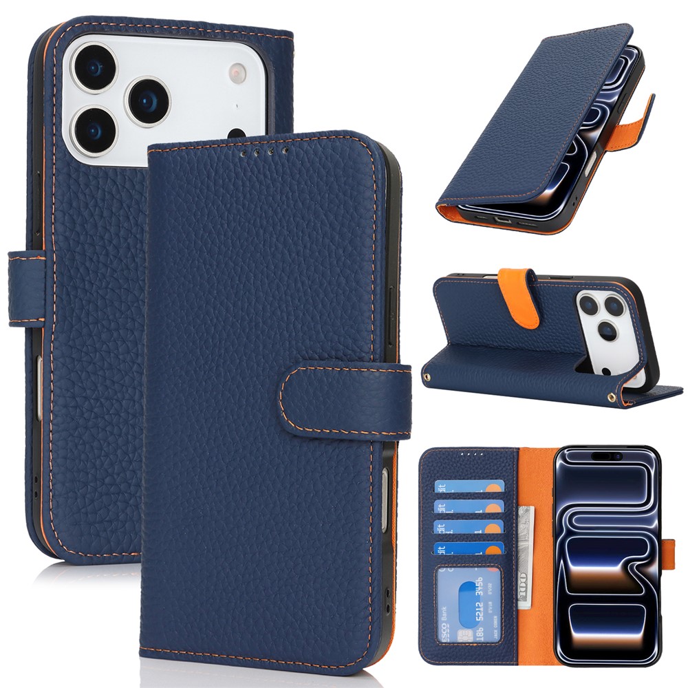 For iPhone 17 Pro Max Stand Case Litchi Texture Genuine Cow Leather Wallet Phone Cover RFID Blocking - Blue