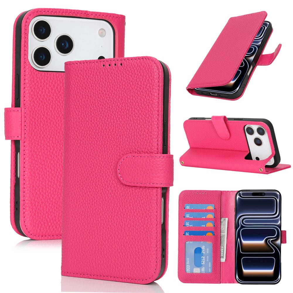 For iPhone 17 Pro Max Stand Case Litchi Texture Genuine Cow Leather Wallet Phone Cover RFID Blocking - Rose