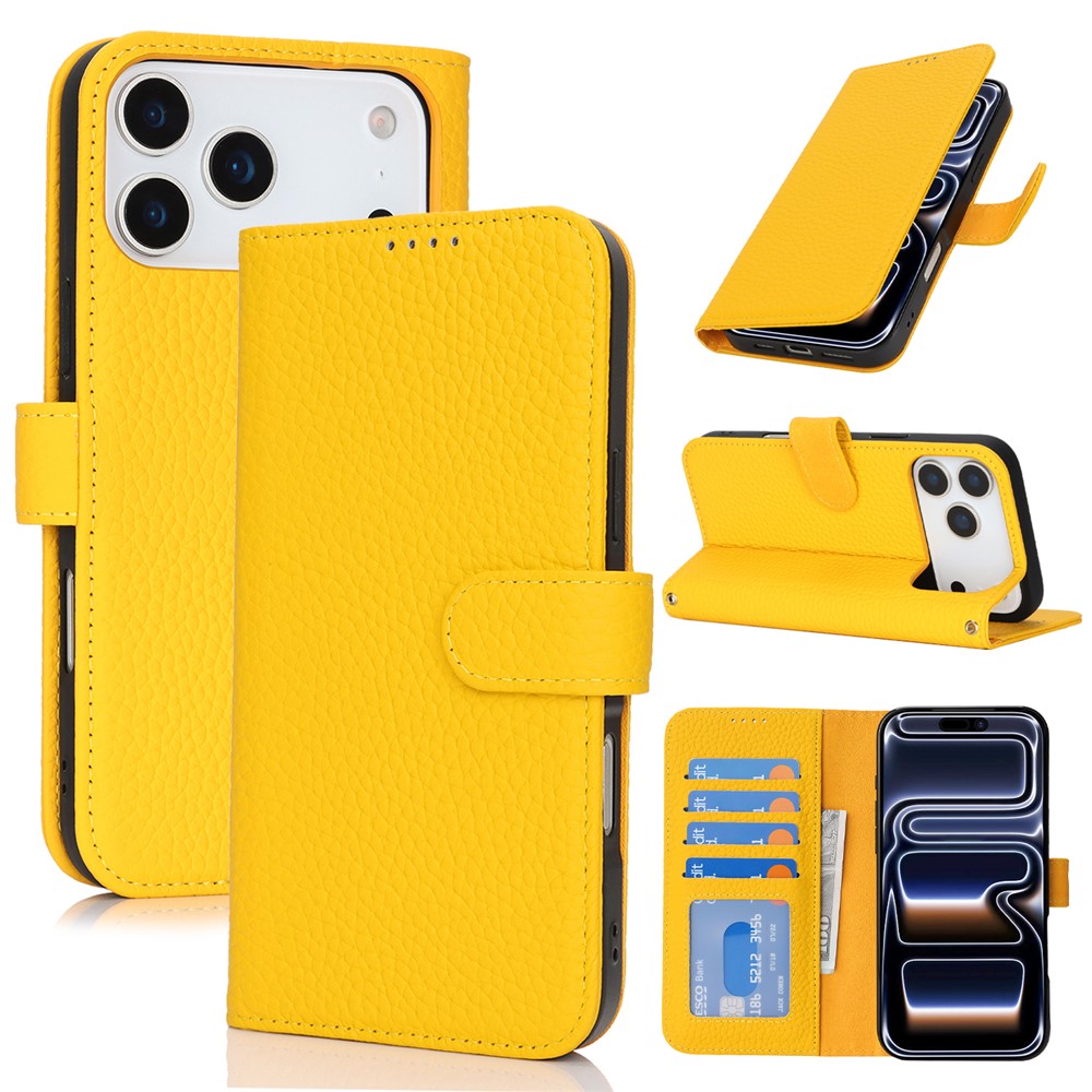 For iPhone 17 Pro Max Stand Case Litchi Texture Genuine Cow Leather Wallet Phone Cover RFID Blocking - Yellow