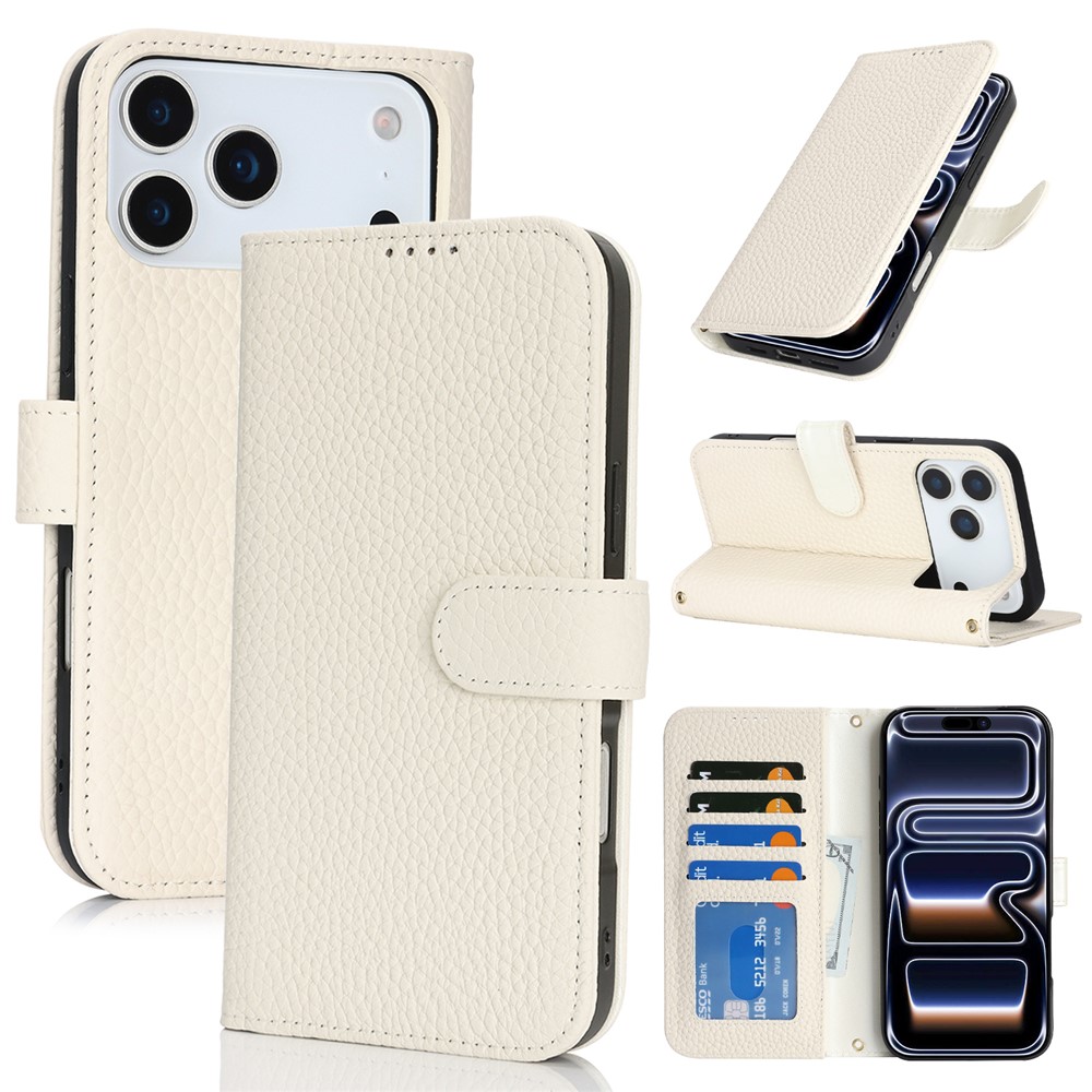 For iPhone 17 Pro Max Stand Case Litchi Texture Genuine Cow Leather Wallet Phone Cover RFID Blocking - White