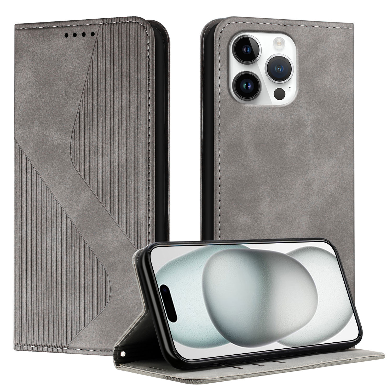 For iPhone 16 Pro Max Phone Cover Skin-touch Feel Leather Wallet Case with Stand - Grey