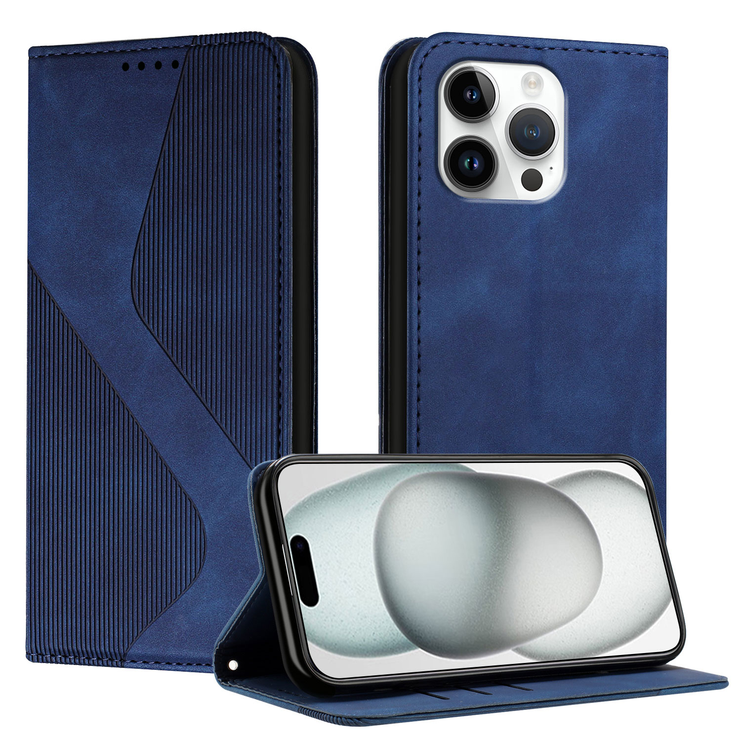 For iPhone 16 Pro Max Phone Cover Skin-touch Feel Leather Wallet Case with Stand - Blue