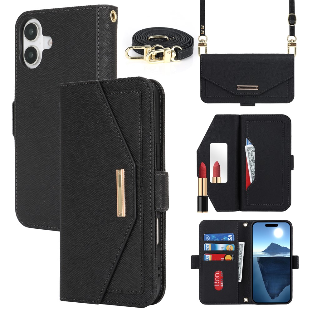For iPhone 17 Stand Case Cross Texture PU Leather Wallet Phone Cover with Shoulder Strap  /  Makeup Mirror - Black