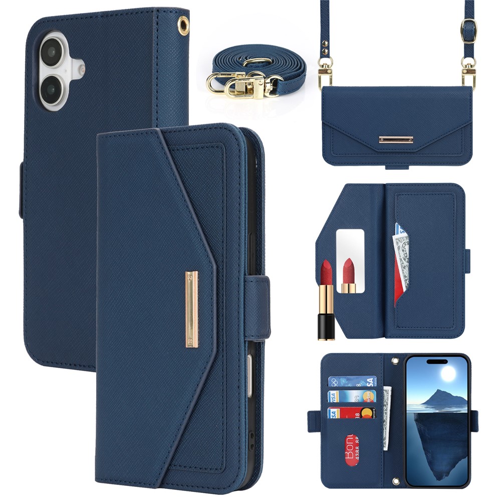 For iPhone 17 Stand Case Cross Texture PU Leather Wallet Phone Cover with Shoulder Strap  /  Makeup Mirror - Blue