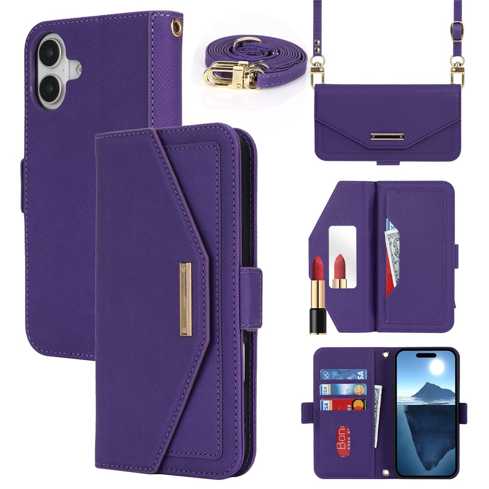 For iPhone 17 Stand Case Cross Texture PU Leather Wallet Phone Cover with Shoulder Strap  /  Makeup Mirror - Purple