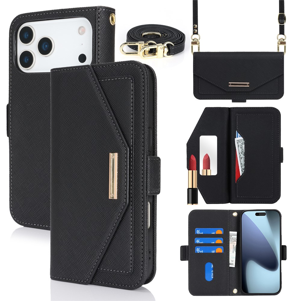 For iPhone 17 Pro Max Stand Case Cross Texture PU Leather Wallet Phone Cover with Shoulder Strap  /  Makeup Mirror - Black