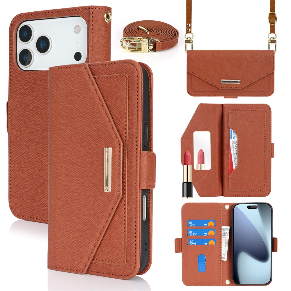 For iPhone 17 Pro Max Stand Case Cross Texture PU Leather Wallet Phone Cover with Shoulder Strap  /  Makeup Mirror - Brown