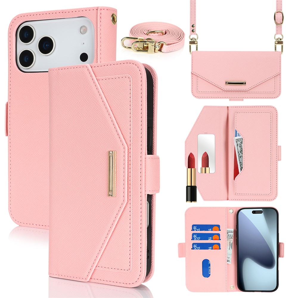 For iPhone 17 Pro Max Stand Case Cross Texture PU Leather Wallet Phone Cover with Shoulder Strap  /  Makeup Mirror - Rose Gold