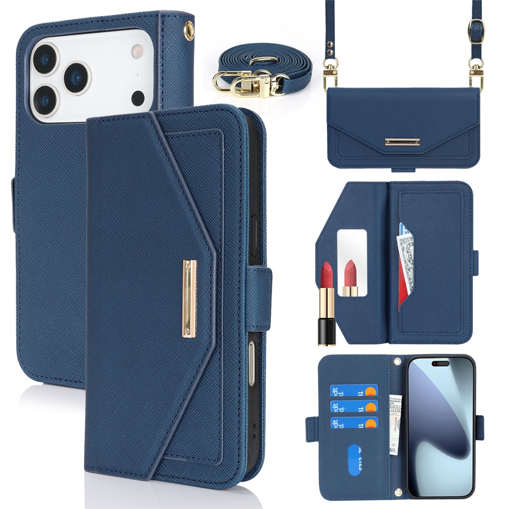 For iPhone 17 Pro Max Stand Case Cross Texture PU Leather Wallet Phone Cover with Shoulder Strap  /  Makeup Mirror - Blue