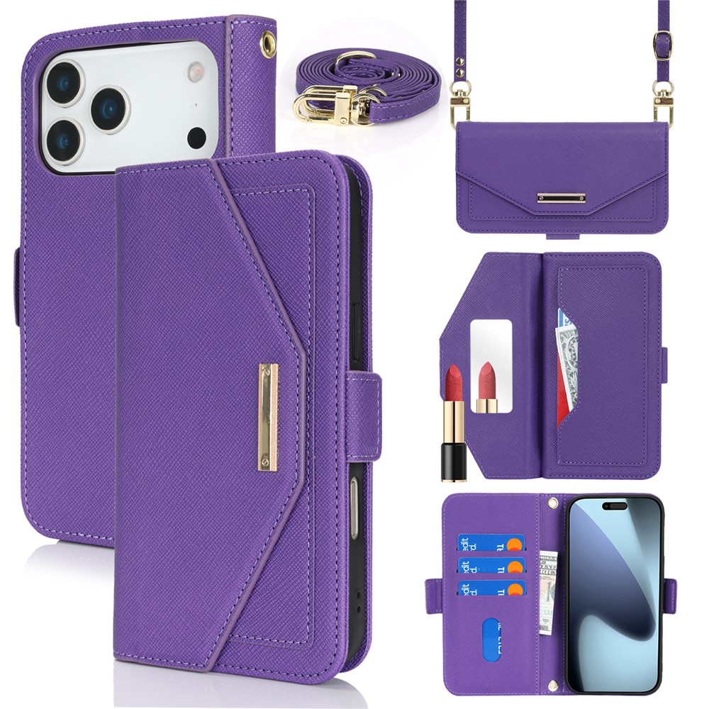 For iPhone 17 Pro Max Stand Case Cross Texture PU Leather Wallet Phone Cover with Shoulder Strap  /  Makeup Mirror - Purple