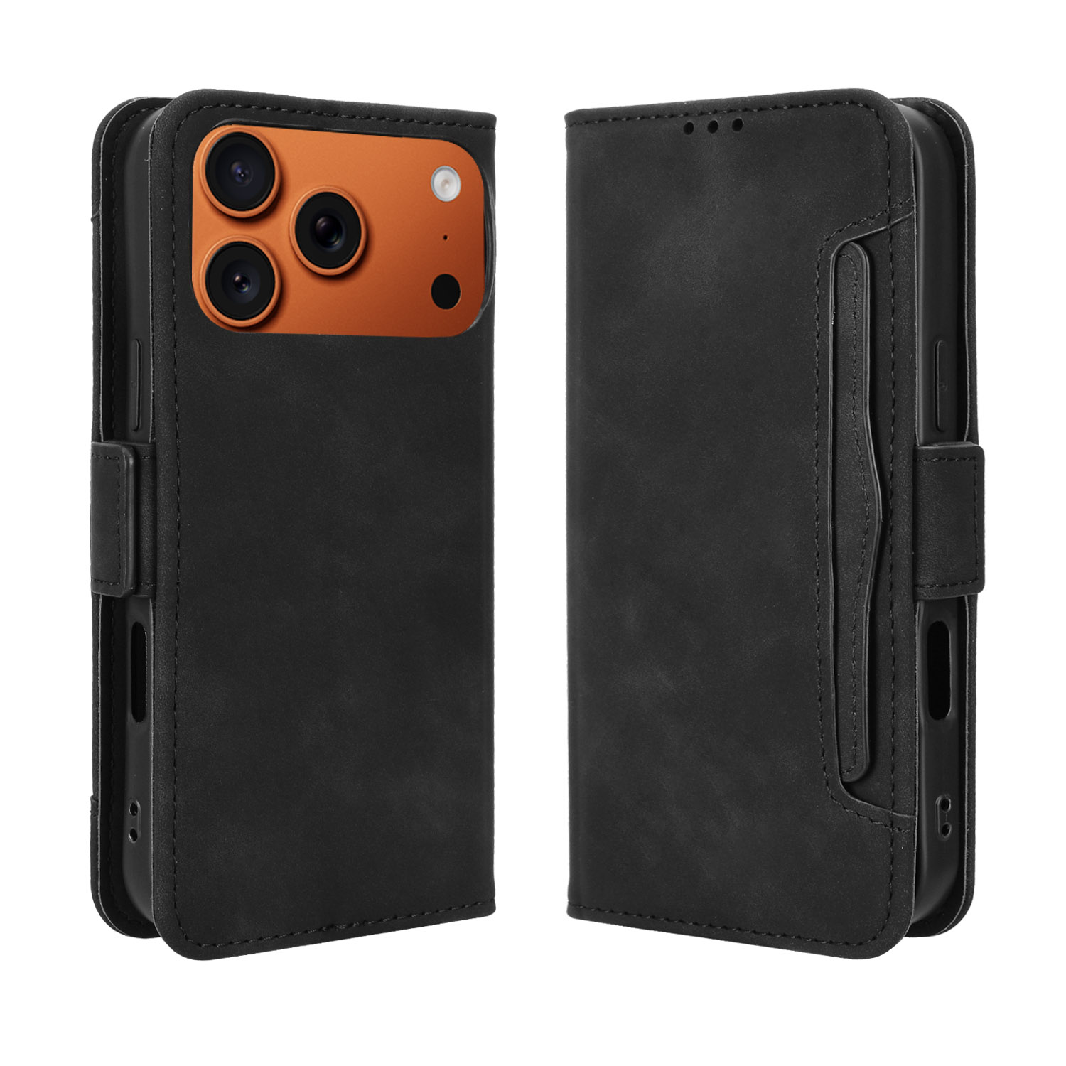 For iPhone 17 Pro Max Leather Case Phone Wallet Cover with Multiple Card Slots - Black