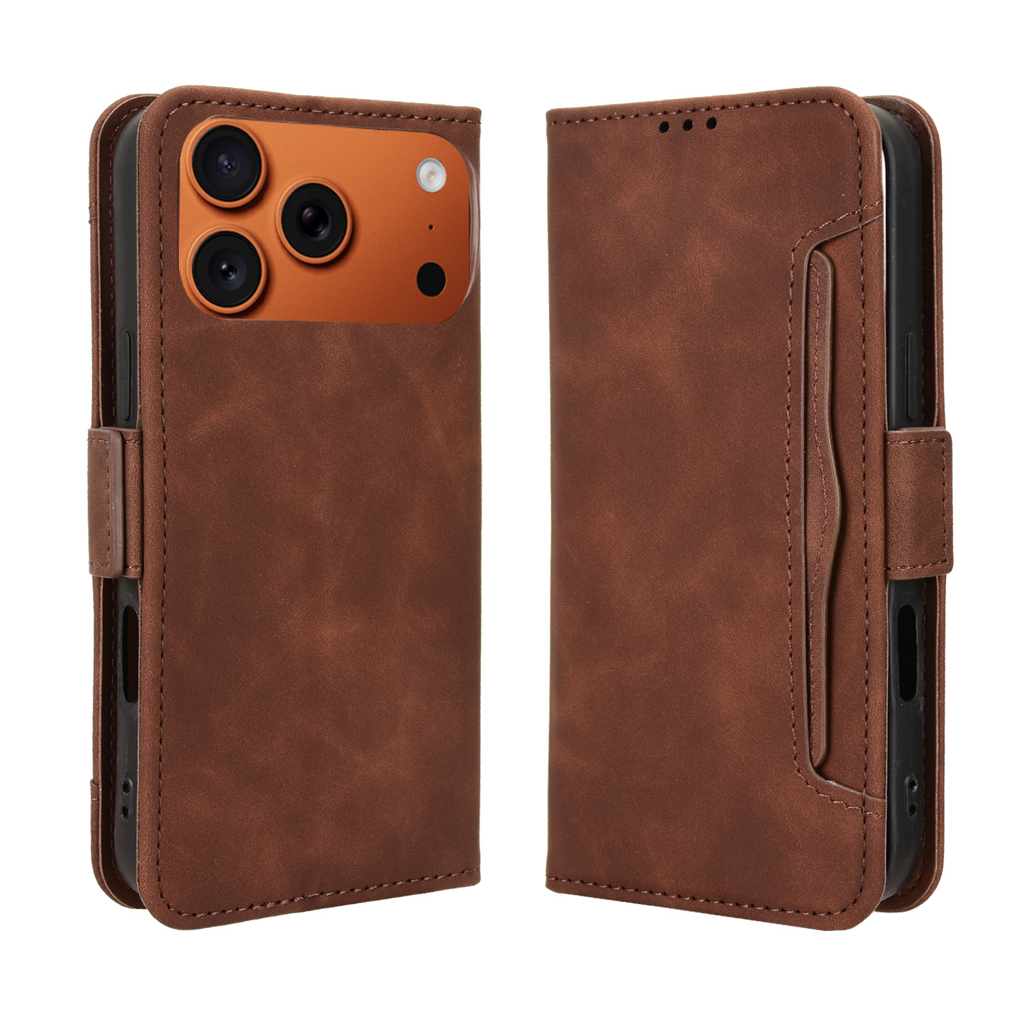 For iPhone 17 Pro Leather Case Phone Wallet Cover with Multiple Card Slots - Brown