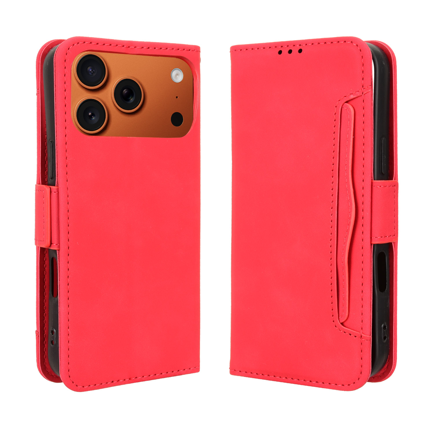 For iPhone 17 Pro Leather Case Phone Wallet Cover with Multiple Card Slots - Red