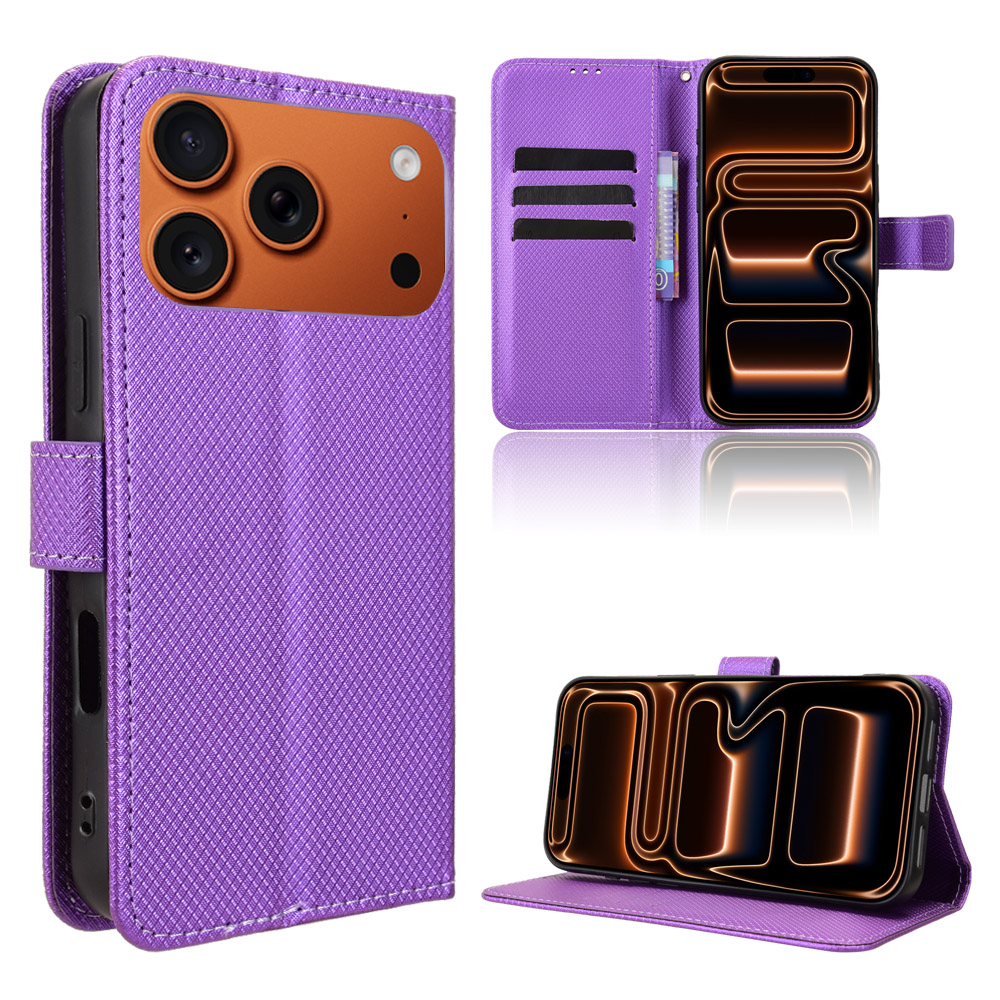 For iPhone 17 Pro Max Leather Wallet Case with Strap Diamond Texture Phone Cover - Purple