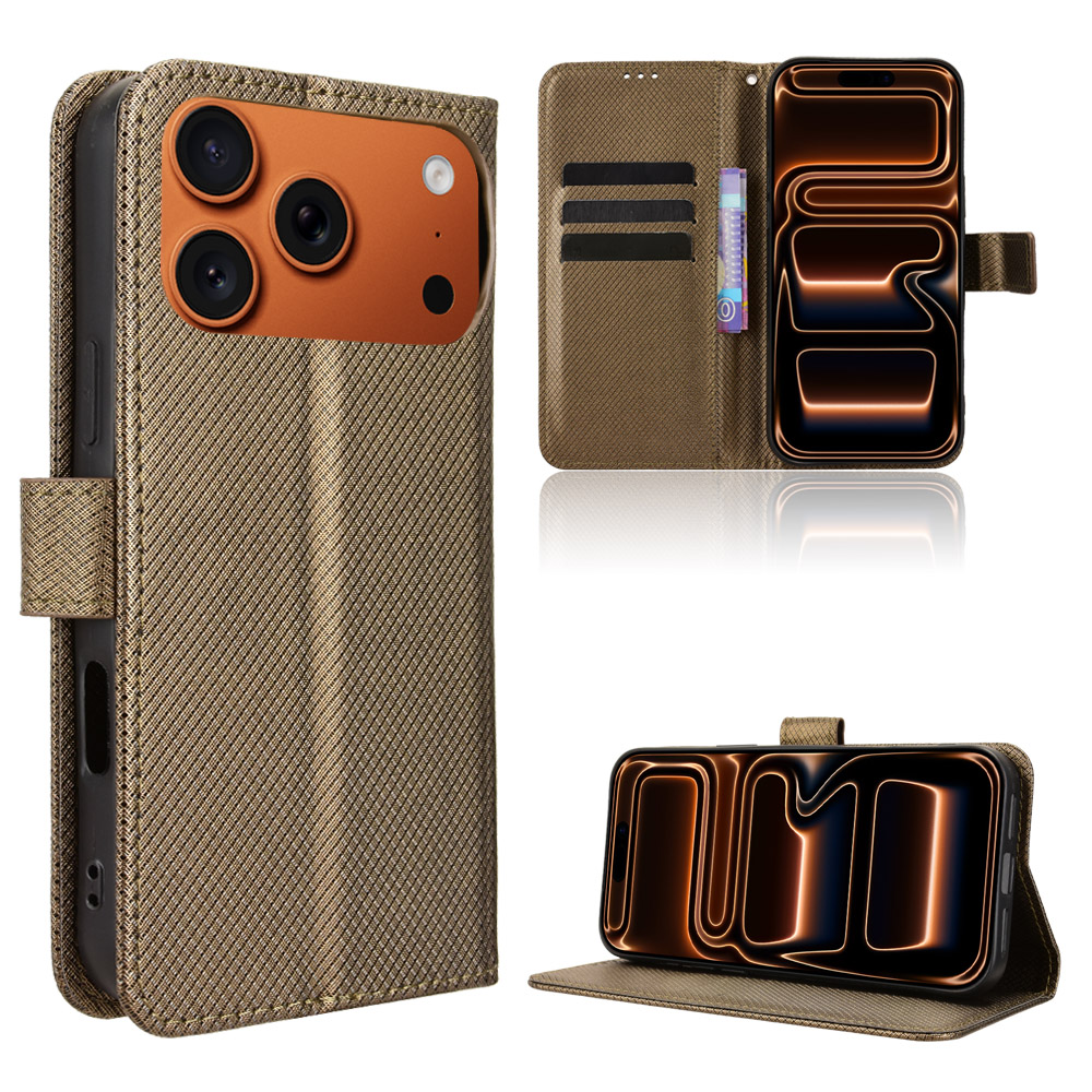 For iPhone 17 Pro Leather Wallet Case with Strap Diamond Texture Phone Cover - Brown