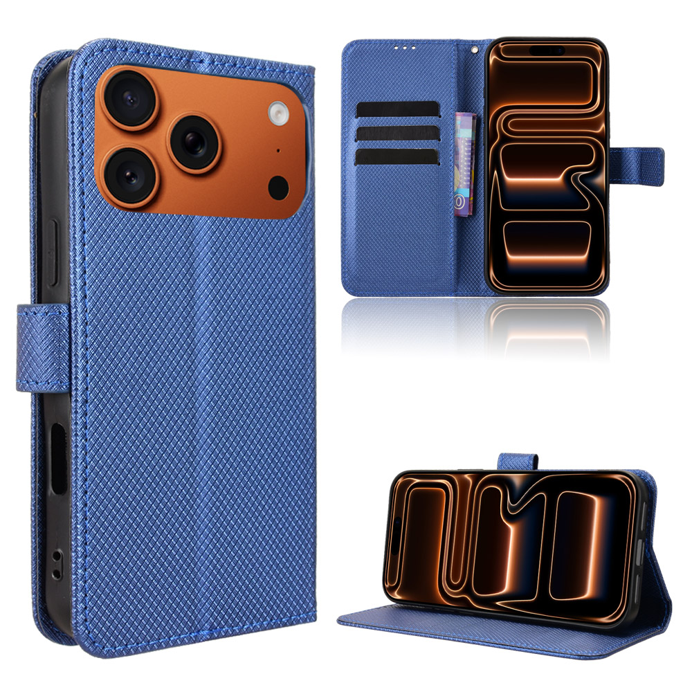 For iPhone 17 Pro Leather Wallet Case with Strap Diamond Texture Phone Cover - Blue