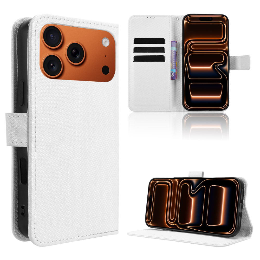 For iPhone 17 Pro Leather Wallet Case with Strap Diamond Texture Phone Cover - White