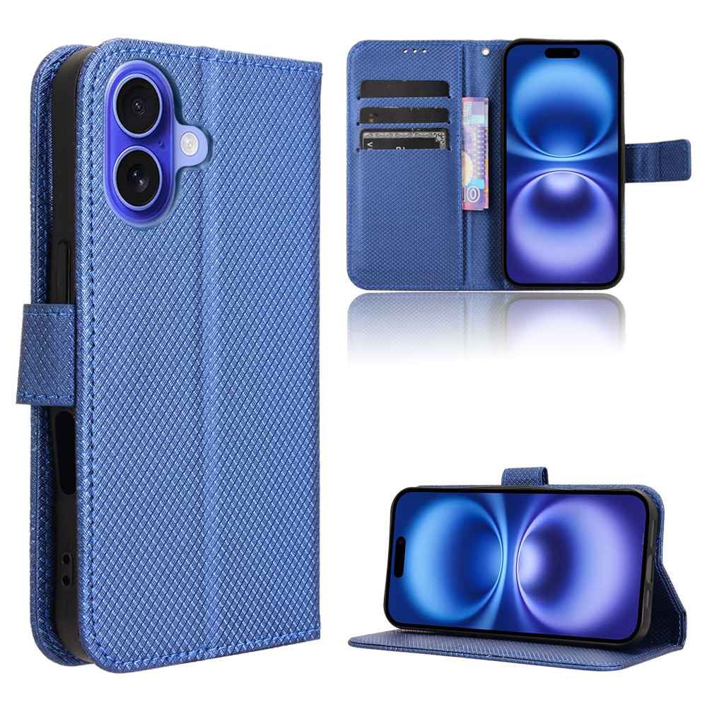 For iPhone 17 Leather Wallet Case with Strap Diamond Texture Phone Cover - Blue