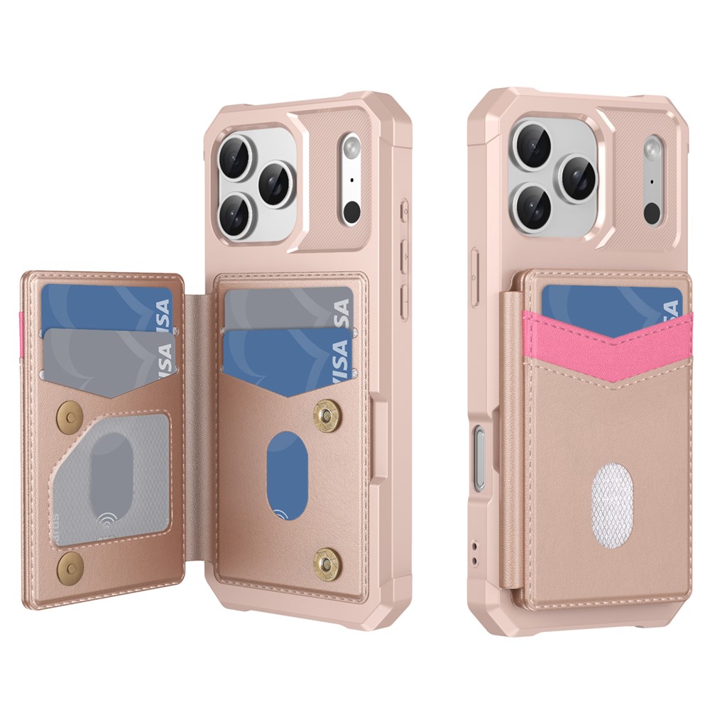For iPhone 17 Pro Max Case RFID Blocking Card Slot Kickstand Leather + TPU Phone Cover - Rose Gold