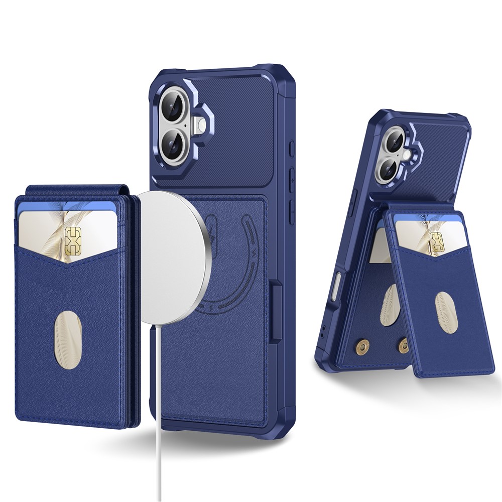 For iPhone 17 Magnetic Case Detachable Card Slot Kickstand Leather + TPU Phone Cover - Blue