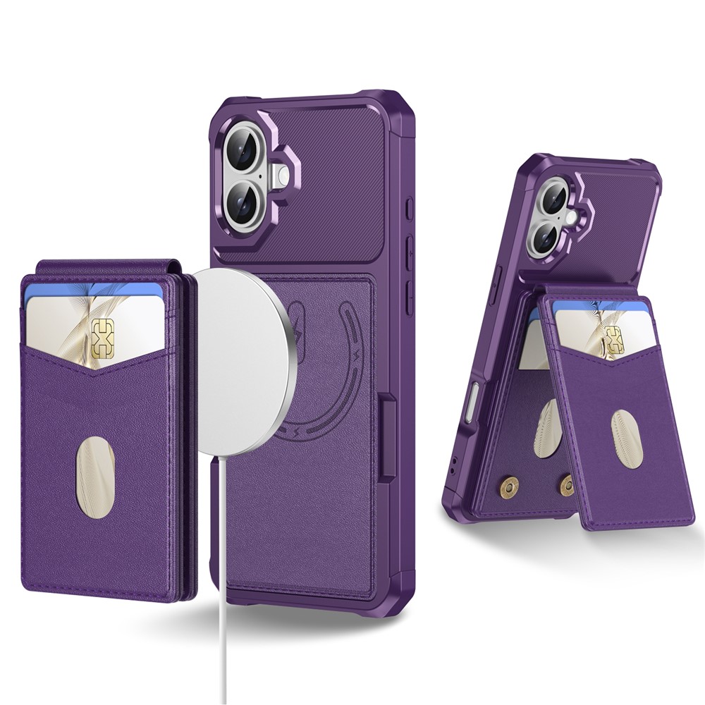 For iPhone 17 Magnetic Case Detachable Card Slot Kickstand Leather + TPU Phone Cover - Purple