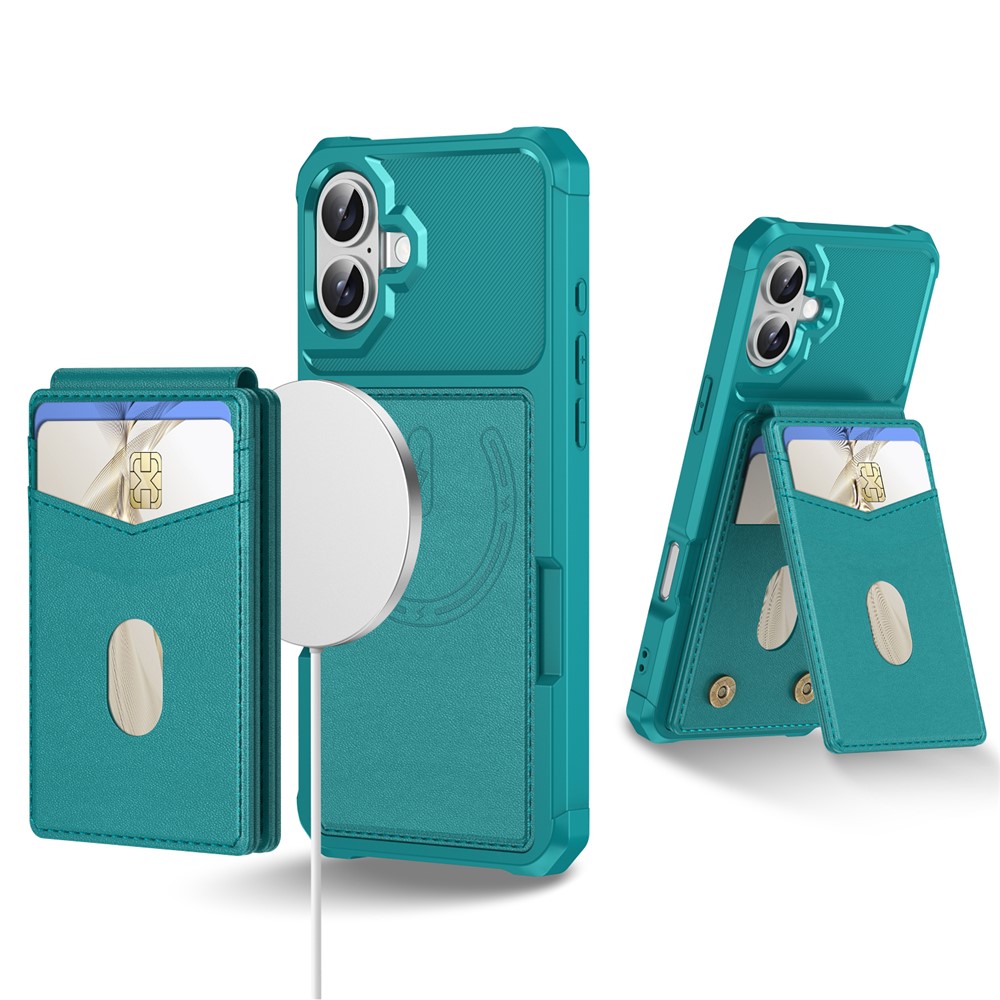 For iPhone 17 Magnetic Case Detachable Card Slot Kickstand Leather + TPU Phone Cover - Green