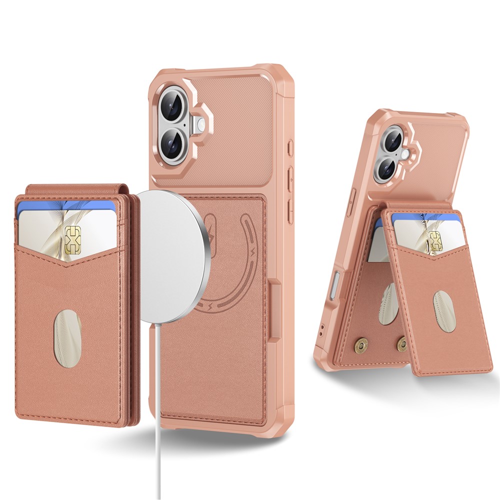 For iPhone 17 Magnetic Case Detachable Card Slot Kickstand Leather + TPU Phone Cover - Rose Gold