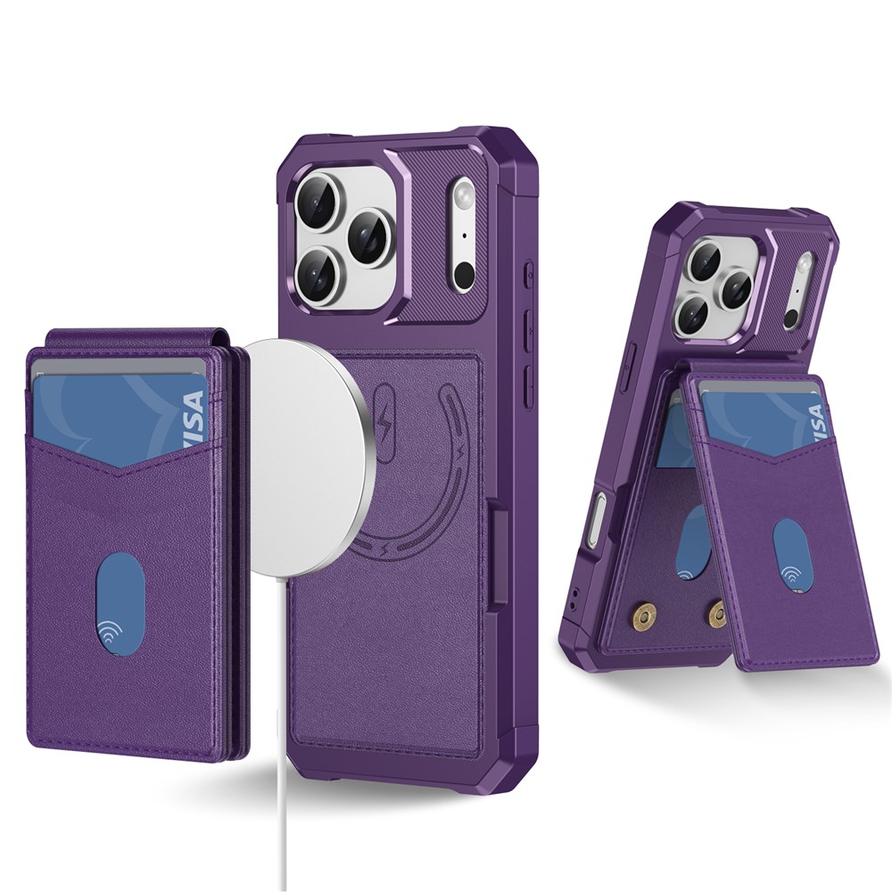 For iPhone 17 Pro Max Magnetic Case Detachable Card Slot Kickstand Leather + TPU Phone Cover - Purple
