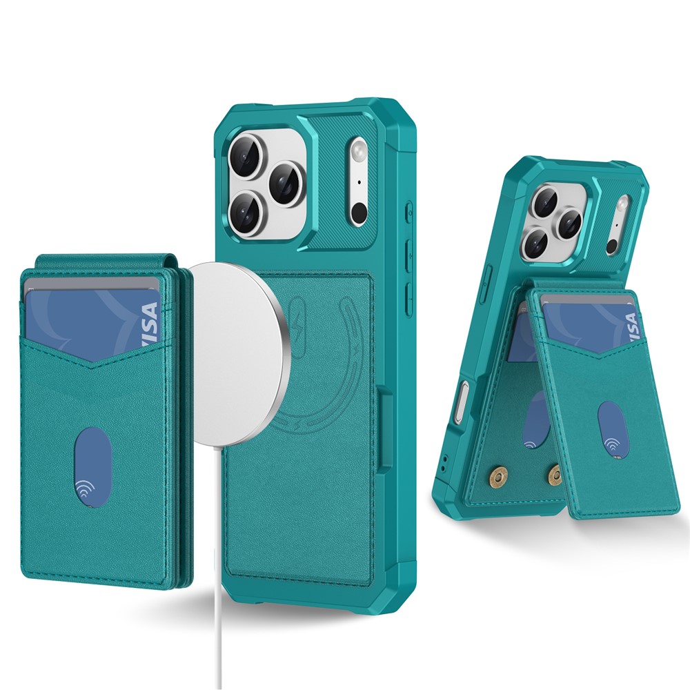 For iPhone 17 Pro Max Magnetic Case Detachable Card Slot Kickstand Leather + TPU Phone Cover - Green