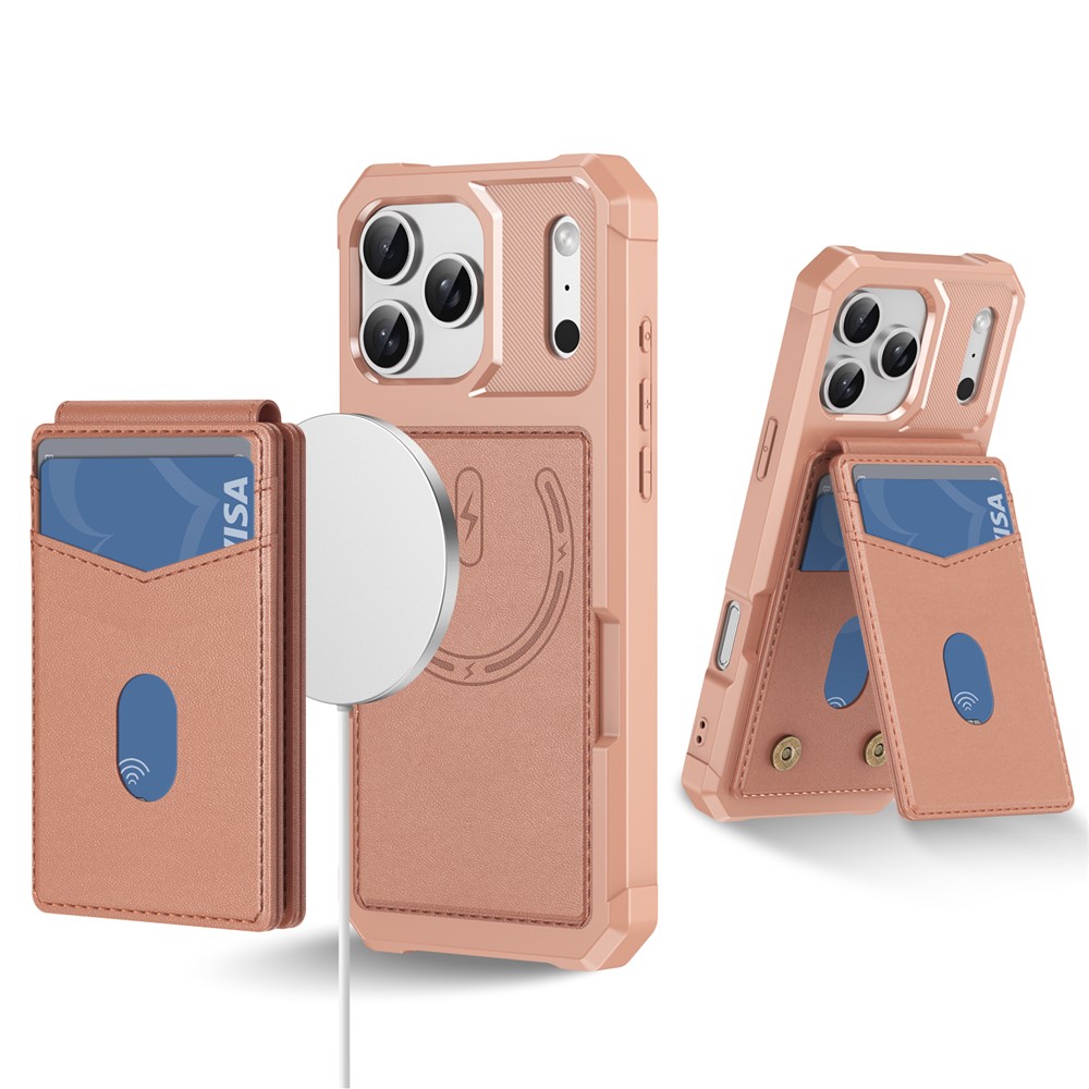For iPhone 17 Pro Max Magnetic Case Detachable Card Slot Kickstand Leather + TPU Phone Cover - Rose Gold