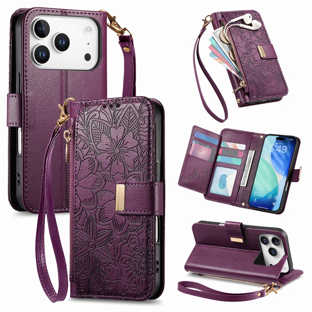 For iPhone 17 Pro Max Case Floral Leaf Pattern Multi Card Slots Zipper Leather Phone Cover with Wrist Strap - Purple
