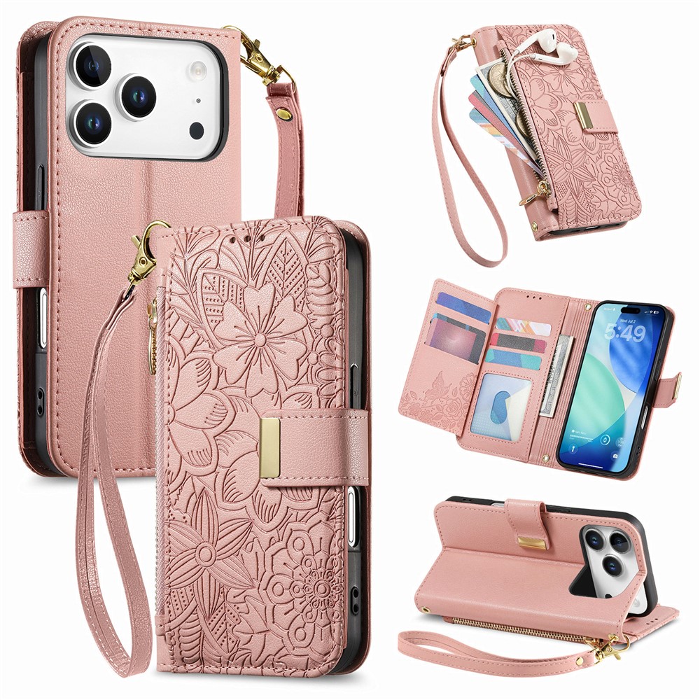 For iPhone 17 Pro Max Case Floral Leaf Pattern Multi Card Slots Zipper Leather Phone Cover with Wrist Strap - Pink