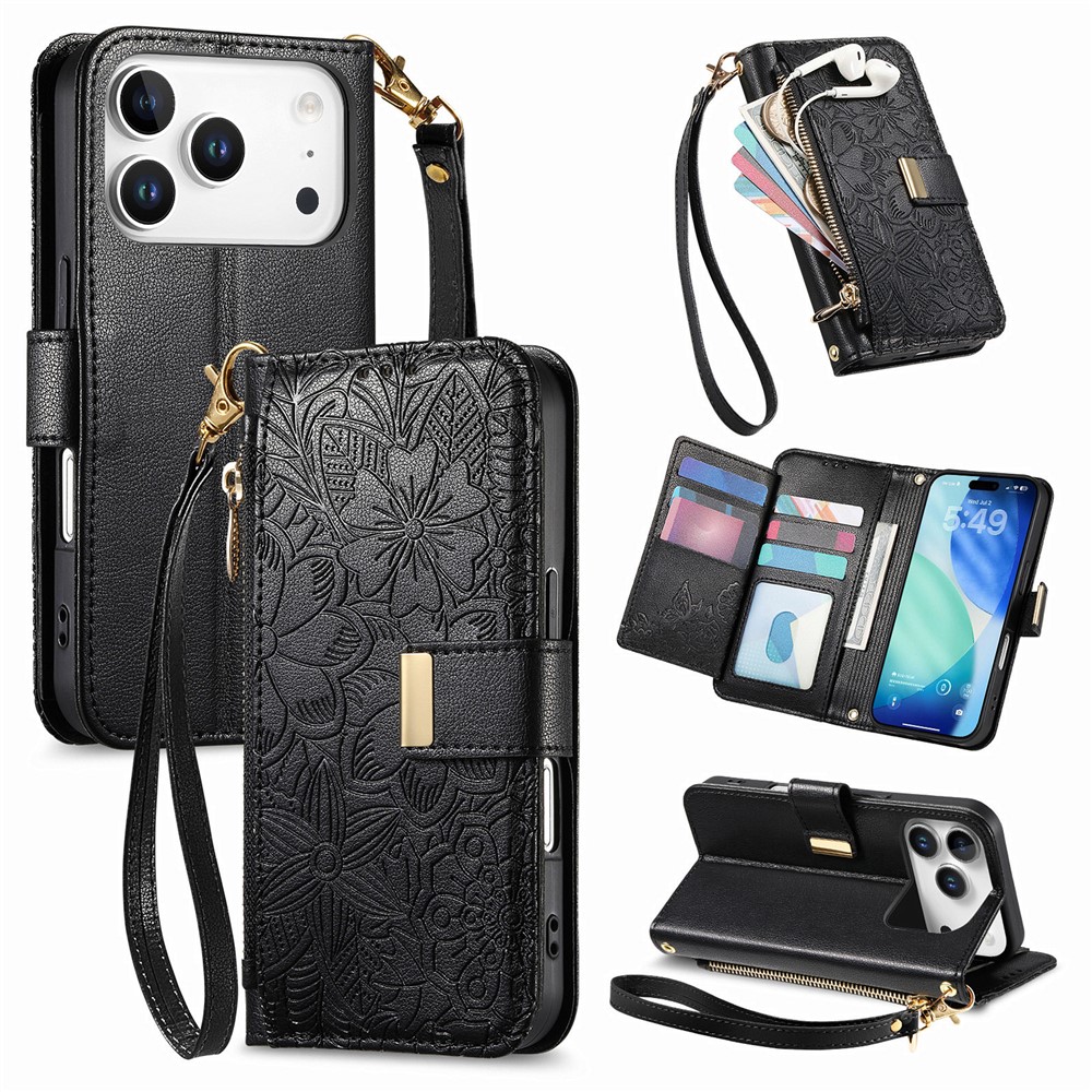 For iPhone 17 Pro Max Case Floral Leaf Pattern Multi Card Slots Zipper Leather Phone Cover with Wrist Strap - Black