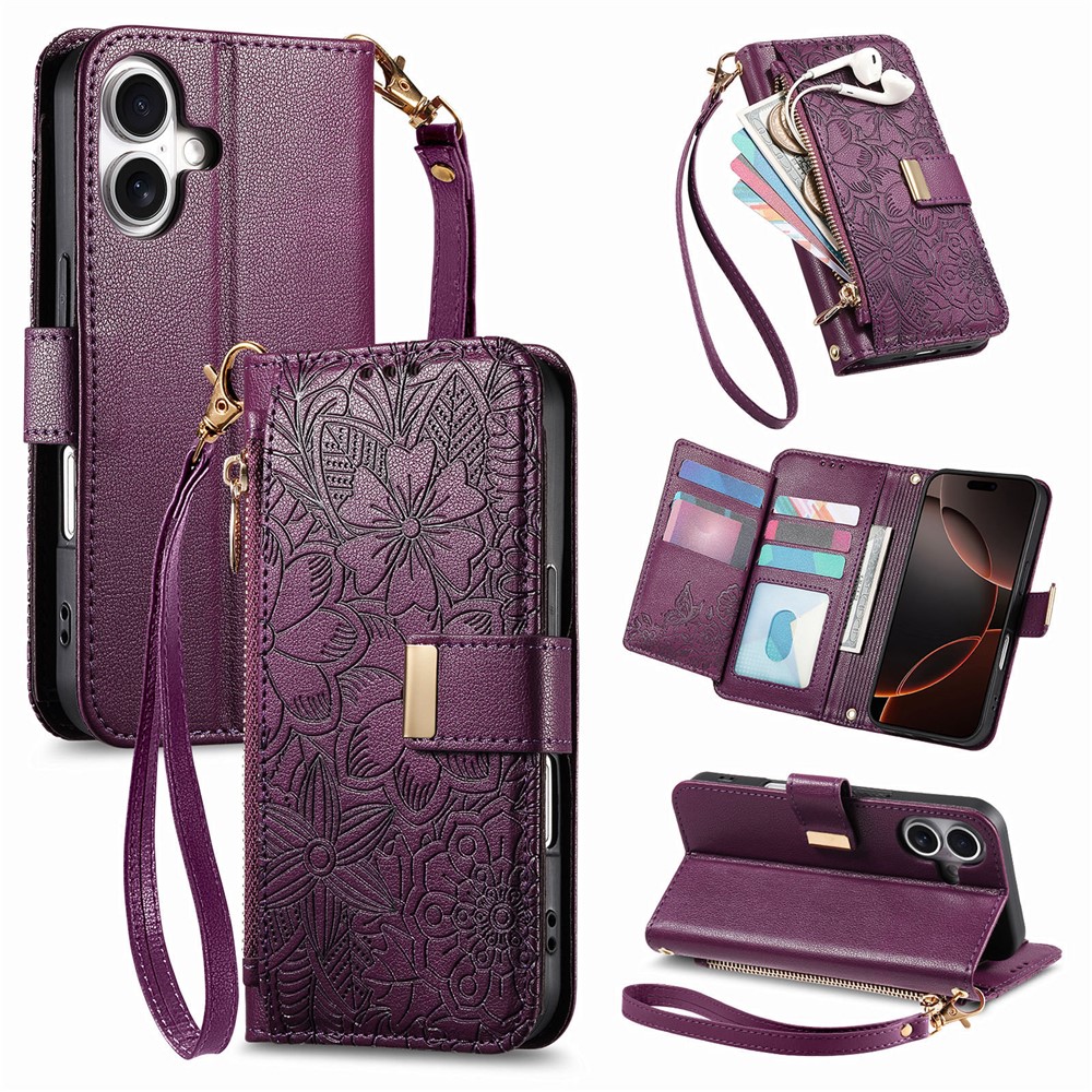 For iPhone 17 Case Floral Leaf Pattern Multi Card Slots Zipper Leather Phone Cover with Wrist Strap - Purple
