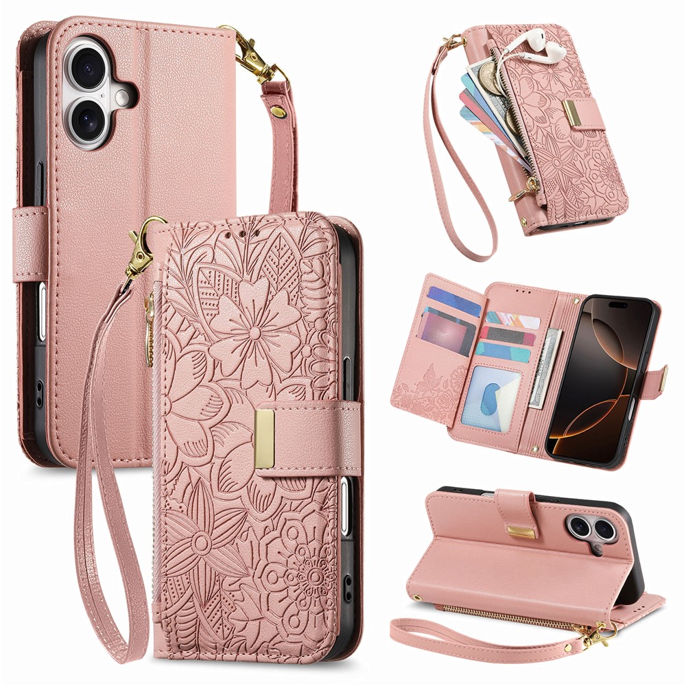 For iPhone 17 Case Floral Leaf Pattern Multi Card Slots Zipper Leather Phone Cover with Wrist Strap - Pink