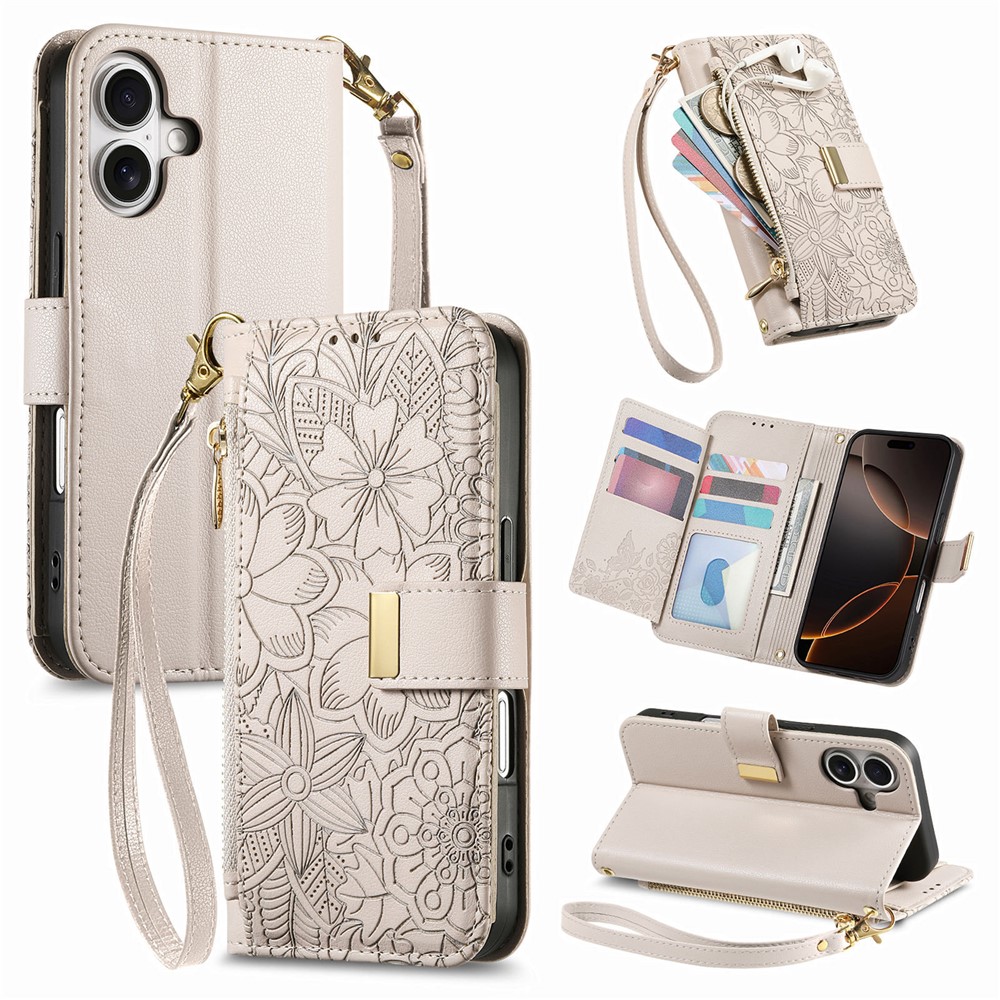 For iPhone 17 Case Floral Leaf Pattern Multi Card Slots Zipper Leather Phone Cover with Wrist Strap - White