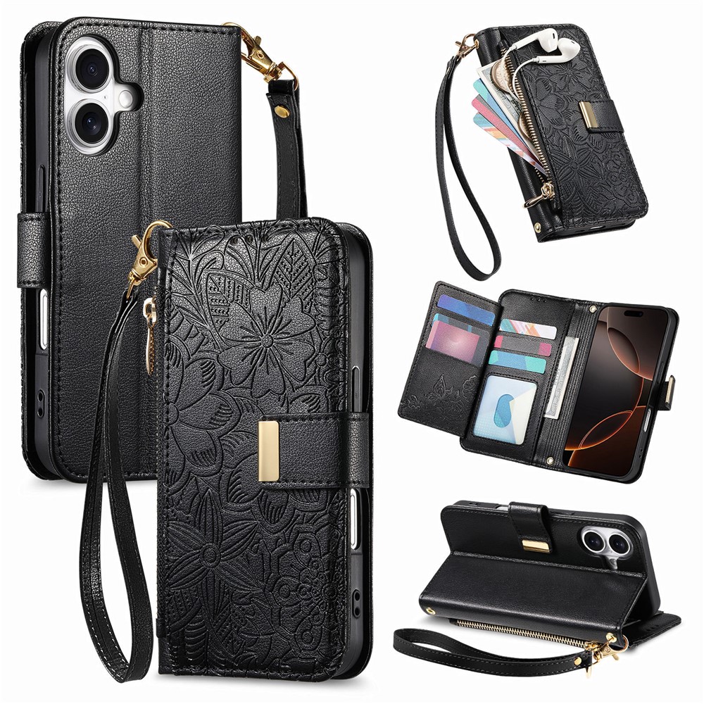 For iPhone 17 Case Floral Leaf Pattern Multi Card Slots Zipper Leather Phone Cover with Wrist Strap - Black