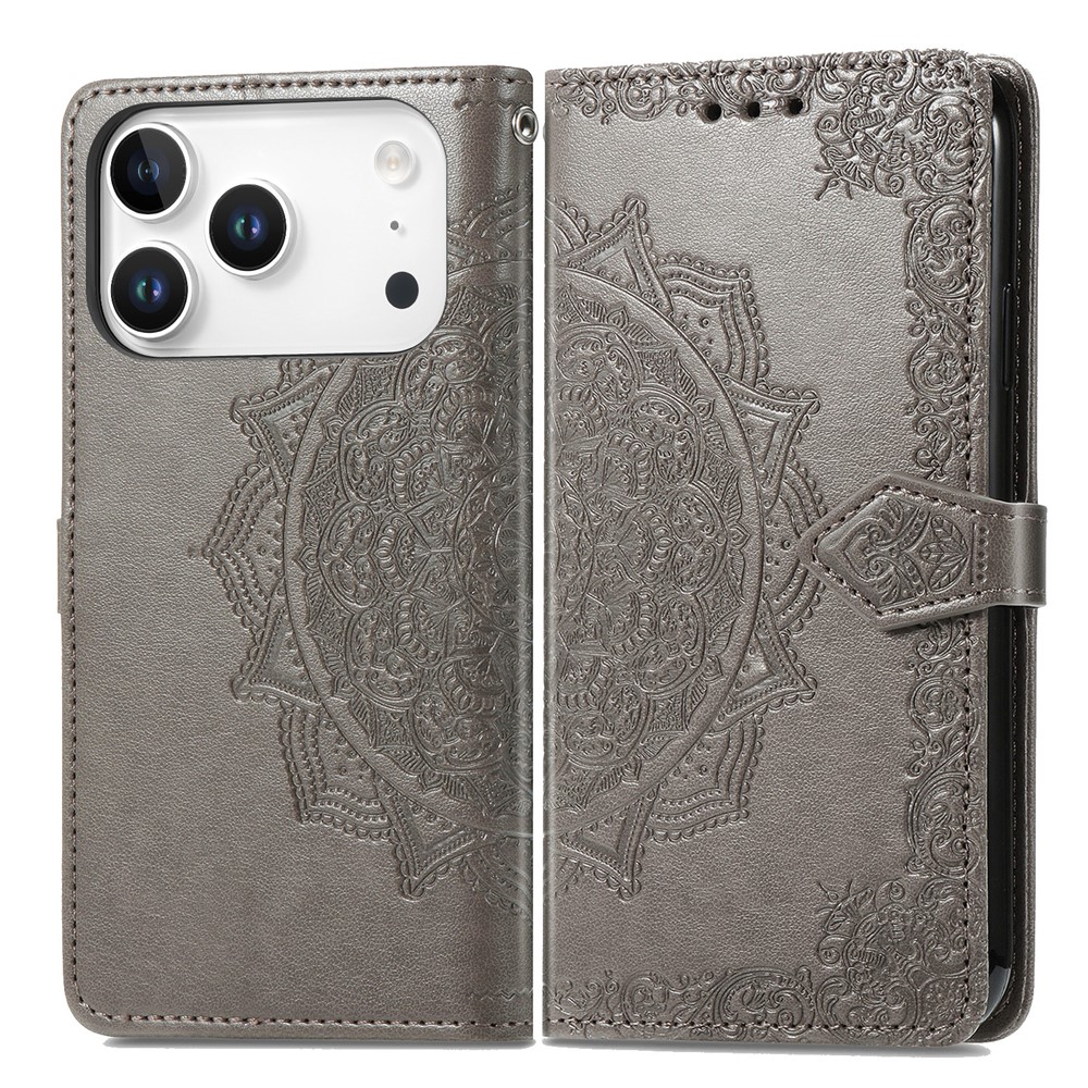 For iPhone 17 Pro Max Case Wallet Mandala Flower Leather Phone Cover Stand View - Grey