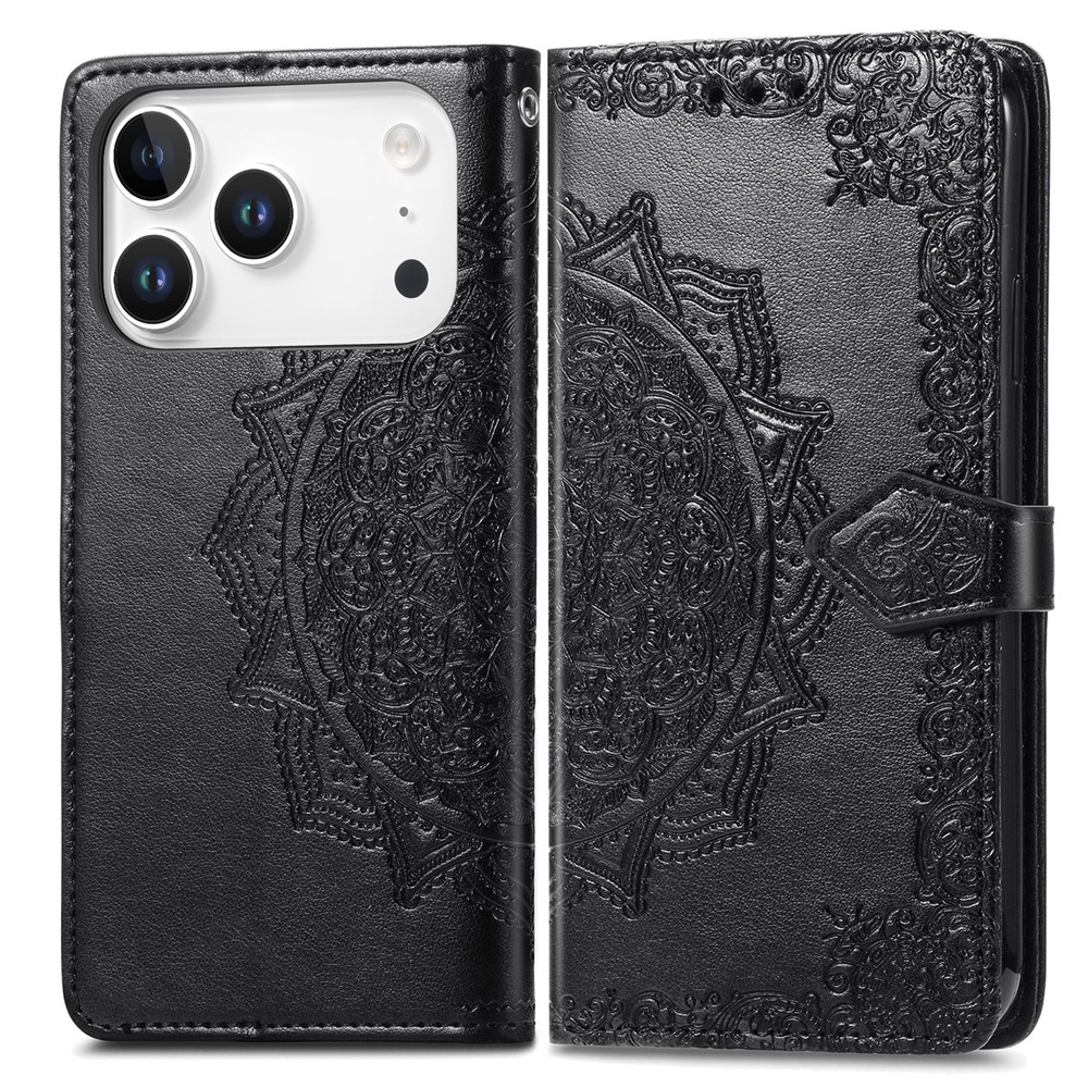 For iPhone 17 Pro Max Case Wallet Mandala Flower Leather Phone Cover Stand View - Black