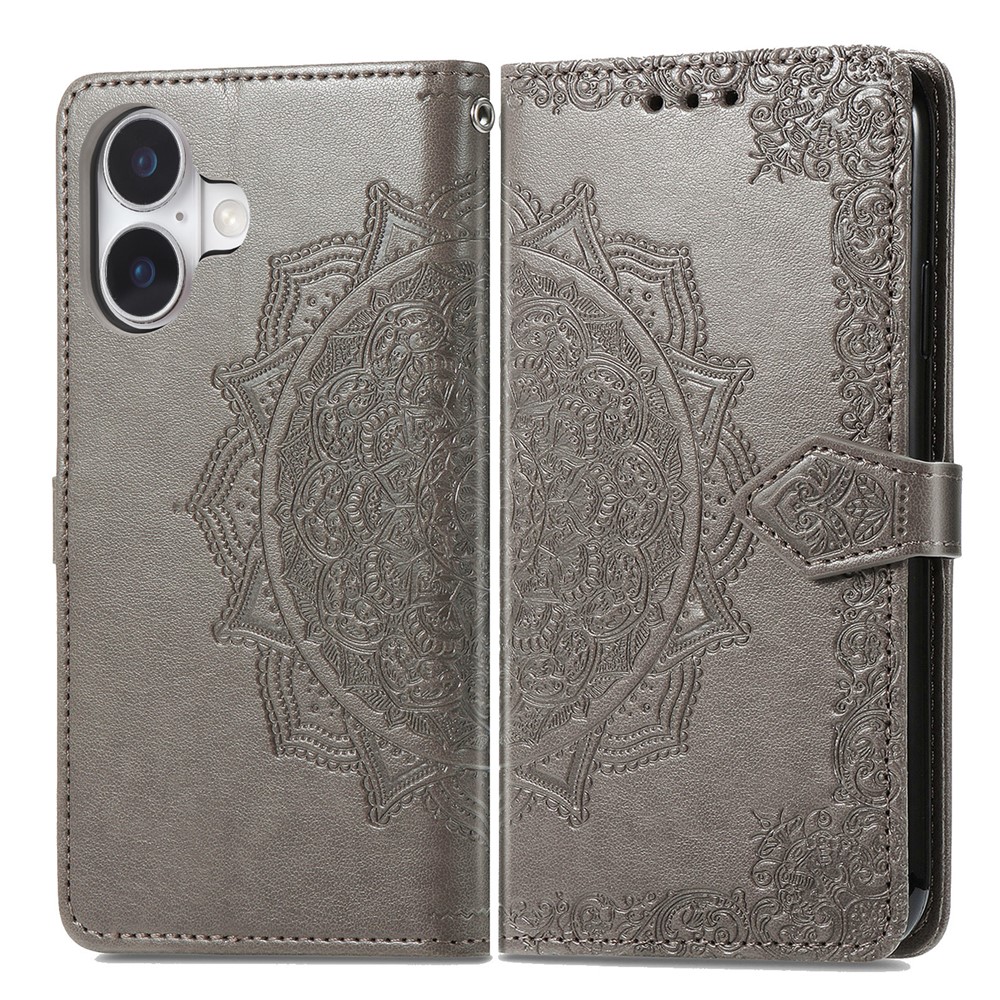 For iPhone 17 Case Wallet Mandala Flower Leather Phone Cover Stand View - Grey