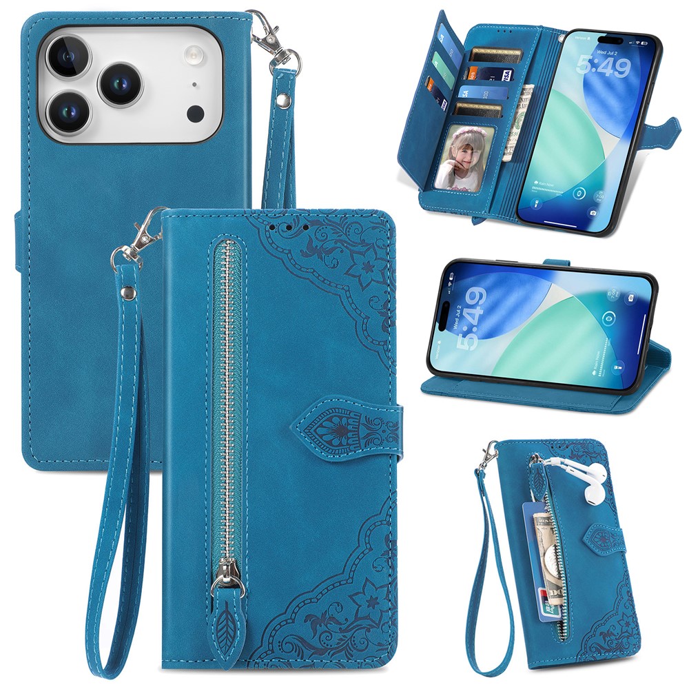 For iPhone 17 Pro Max Zipper Wallet Case with Strap Flower Imprint PU Leather Phone Cover - Blue