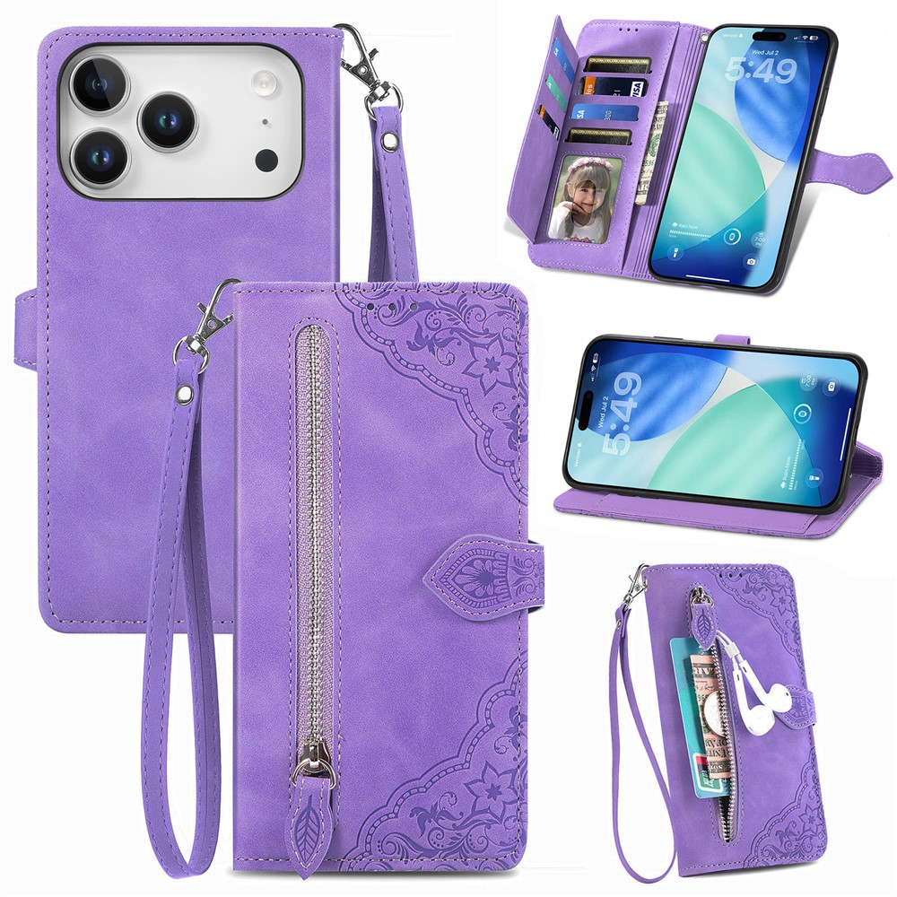 For iPhone 17 Pro Max Zipper Wallet Case with Strap Flower Imprint PU Leather Phone Cover - Light Purple