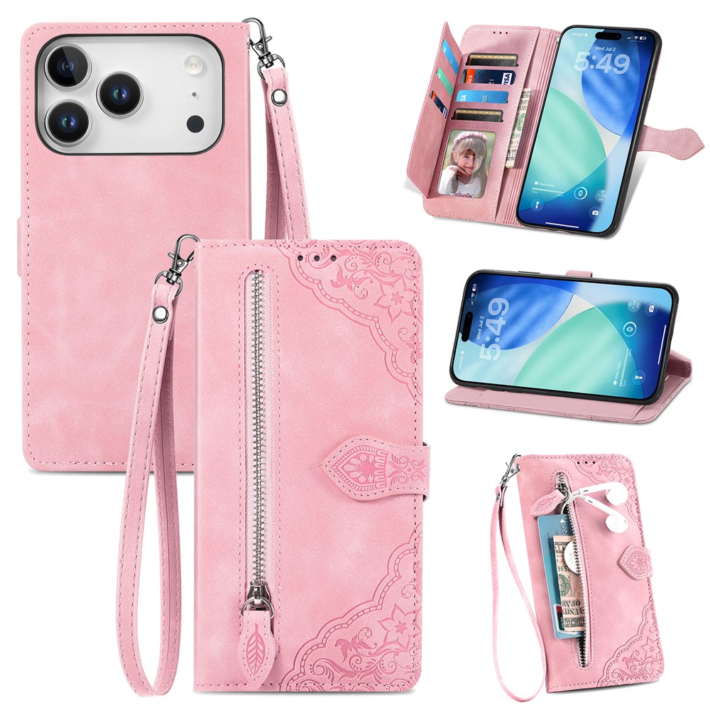 For iPhone 17 Pro Max Zipper Wallet Case with Strap Flower Imprint PU Leather Phone Cover - Pink