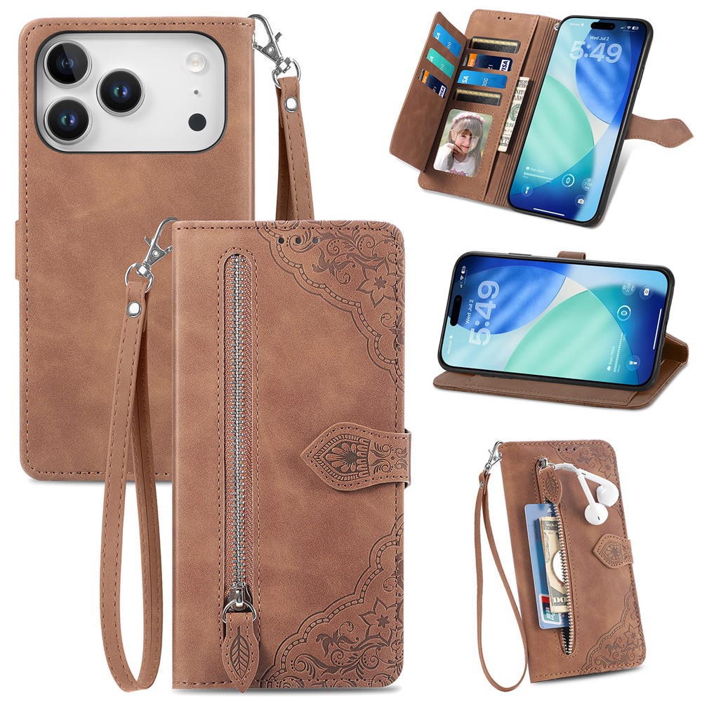 For iPhone 17 Pro Max Zipper Wallet Case with Strap Flower Imprint PU Leather Phone Cover - Brown
