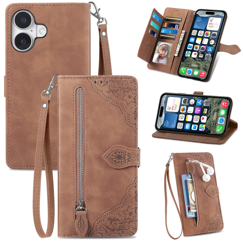 For iPhone 17 Zipper Wallet Case with Strap Flower Imprint PU Leather Phone Cover - Brown